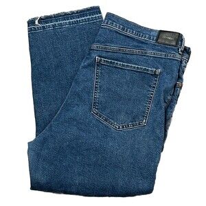 Express High Rise Crop Jeans 18 Medium Wash Straight Leg Raw Hem‎ Stretch Denim